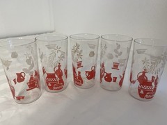 1950’s JUICE GLASSES 8 Oz. Red Pottery & White Flower Design 5” Tall Unique