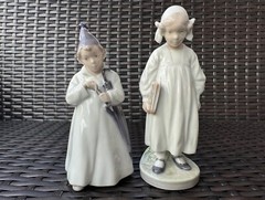RARE Pair of ROYAL COPENHAGEN Figurines:Girl w/book,Sandman Boy w/ Umbrella Mint