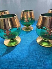 Bohemian Czech Glass Cup Set – Green with Gold Enamel