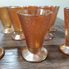 Vtg Set of 8 Carnival Glass Tumblers Marigold Orange Crackled Footed Juice Glass