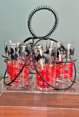 6 Vintage Federal Glass Scottie Dog Drinking Glass Tumblers Red Black w/Caddy