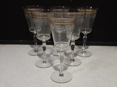SET OF 6- RARE ETCHED 7630-16 MORGANTOWN WATER GOBLETS GLASS GOLD TRIM