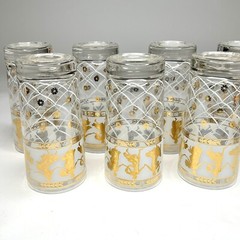 MCM Gold Grecian Goddess Design Glass Ice Bucket & 7 Highball Glasses Aldon
