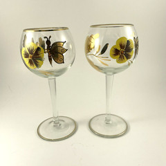 Hand Painted Gold Trim MCM Claret Wine Glass (2) Romanian Butterfly Yellow Pansy