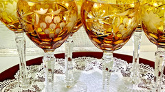 Cut to Clear Glass Crystal 8” Set of 6 Nachtmann Amber Yellow Hock Wine Glasses.