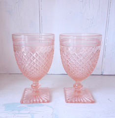 Lot Of 2 PINK Vintage MISS AMERICA Depression Glass Water Goblets (4 seams)