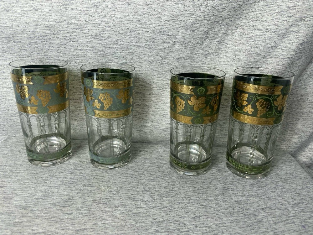 4 MCM CERA Golden Grapes Highball Glasses Forrest Green & Gold 5.5” *READ*
