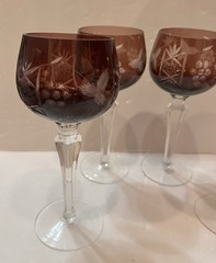 Four (4) Crystal Hock Wine Glass Purple Cut-to-Clear Etched Grape 8.25″ Stems