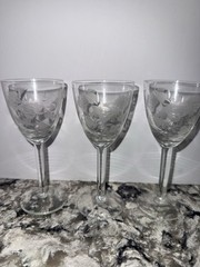 Vintage Set of 3 Etched Cordial Glasses Leaf & Dot Pattern MCM 5.2 in Tall