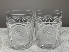 Saks Fifth Avenue Etched Cut Double Old Fashion Whiskey Tumblers Palm Trees Set
