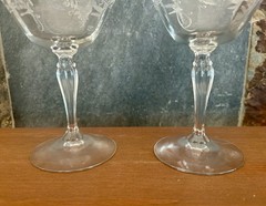 Etched Fuchsia Floral Stemmed Cocktail Glasses Coupes Vintage Barware Pair of 2