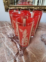 6 Vintage MCM Culver Red Gold Siam Thai Goddess High Ball Glasses Tumblers 60s