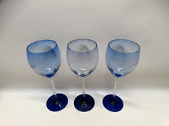 Set of 3 Light Blue Wine Glasses with Clear Spiral Stem and Cobalt Blue Base EUC
