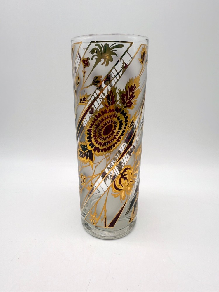 1 Vintage MCM Culver 22k Cranberry Gold Gillt Chrysanthemum Highball Glass Signd