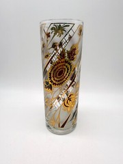 1 Vintage MCM Culver 22k Cranberry Gold Gillt Chrysanthemum Highball Glass Signd