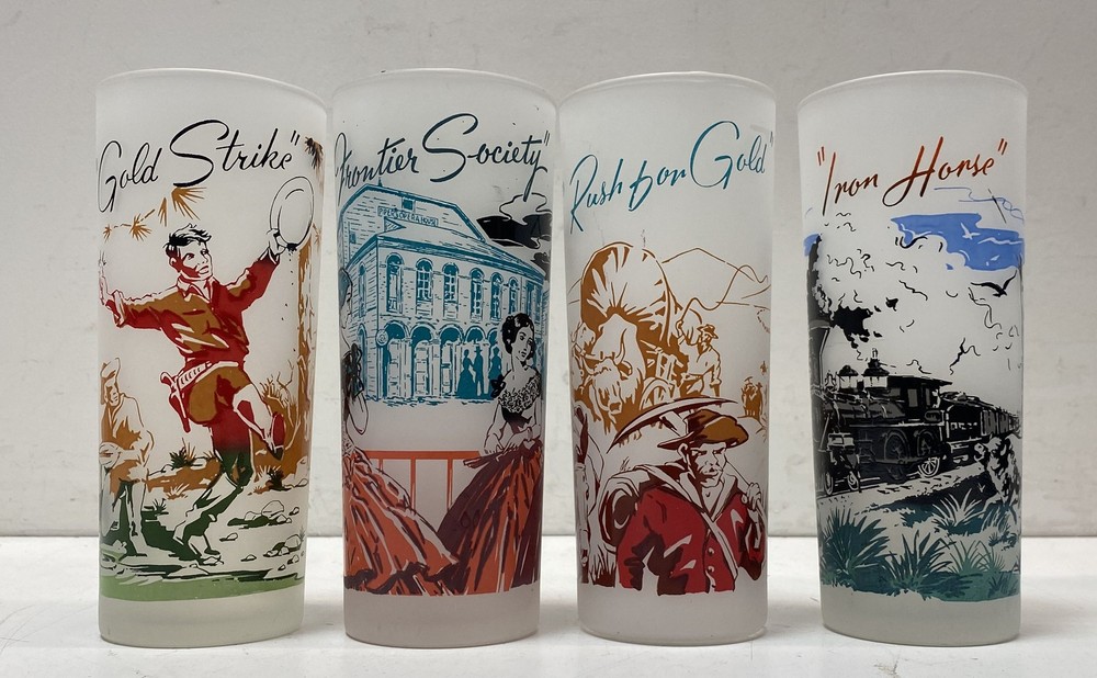 Vintage Western Gold Rush Frosted Glass Highball Tumbler Set 4pc Wild West Art