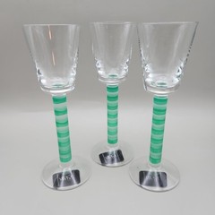 3 MIKASA OVERTURE FROSTED STRIPE STEM GREEN Clear WINE GLASSES 6 OZ