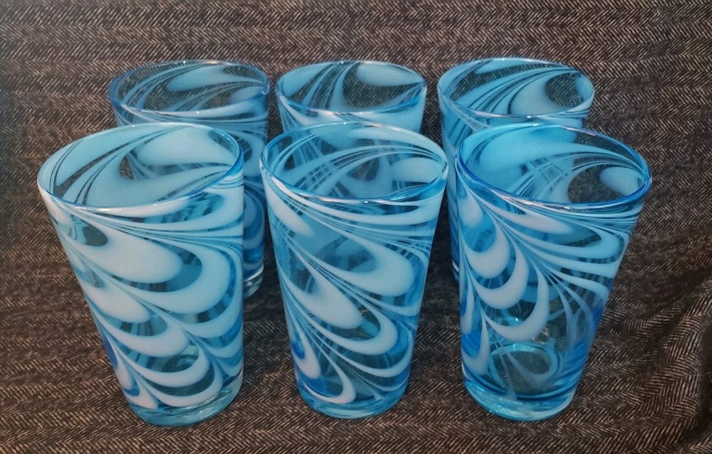 Hand Blown Blue Pulled Feather Drinking Glasses~ 5.5″~Set 0f 6~Likely Pier 1