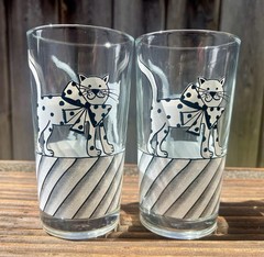 Pair Vintage Polka Dot Black White Cats Tumblers Glasses Highball
