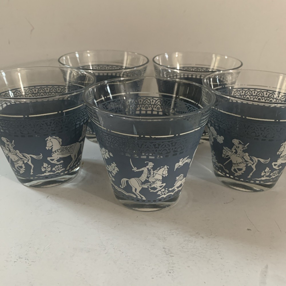 MCM Hazel Atlas Blue White Cocktail Glasses Low Ball Set Of 5 Arabian Knight 6oz