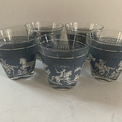 MCM Hazel Atlas Blue White Cocktail Glasses Low Ball Set Of 5 Arabian Knight 6oz
