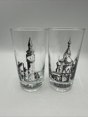 Vintage International Landmark Highball Glass Set England Russia Big Ben Moscow