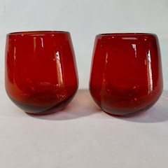 Pair Hand Blown Ruby Red Art Glass Tumblers 4″ Studio Glass Bubble Pontil Bottom