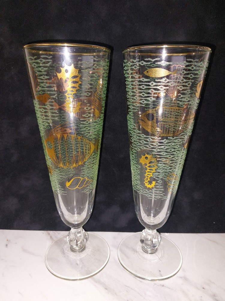 Vtg 2 Libbey Marine Life Pilsner Glasses Fish Seahorse Beach Tropical Gold Aqua