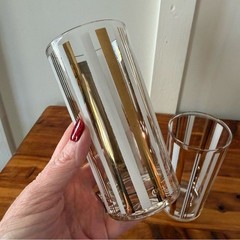 Mid-Century Modern Art Deco Gold White Stripe Highball Drinking Glasses Set of 2