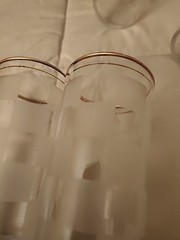 Four Federal Glass 12 oz Tumblers Clear & Frosted Checked With Double Gold Rim