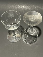 Vintage Etched Crystal Cordial Glasses Mid Century Set of 2 Floral & Butterfly