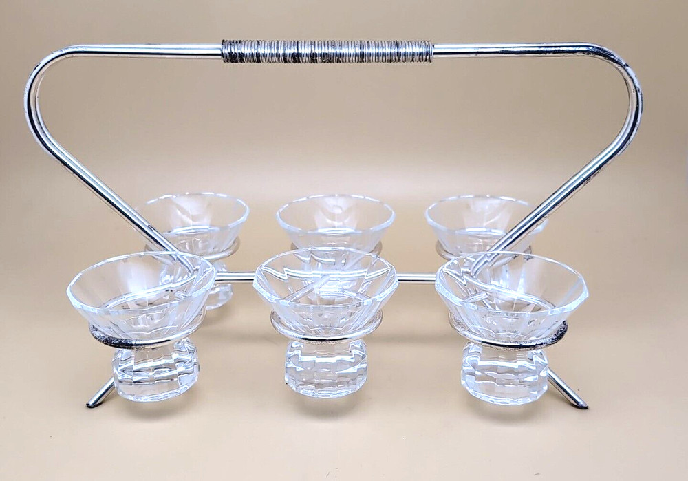 Vintage Deco Hand Cut Bavarian Crystal Cordial Shot Glass Set w/ Caddy Bar Ware