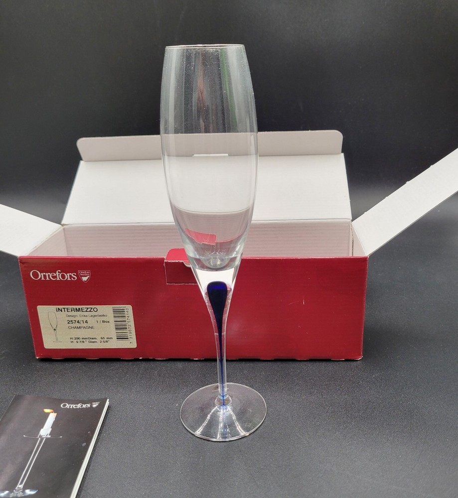 Orrefors INTERMEZZO BLUE Champagne Flute 9-7/8″ NEW Original Box Made In Sweden