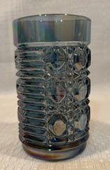 Vintage Set of 8 Blue Iridescent Pressed Glass Tumblers–Heavy Geometric Pattern