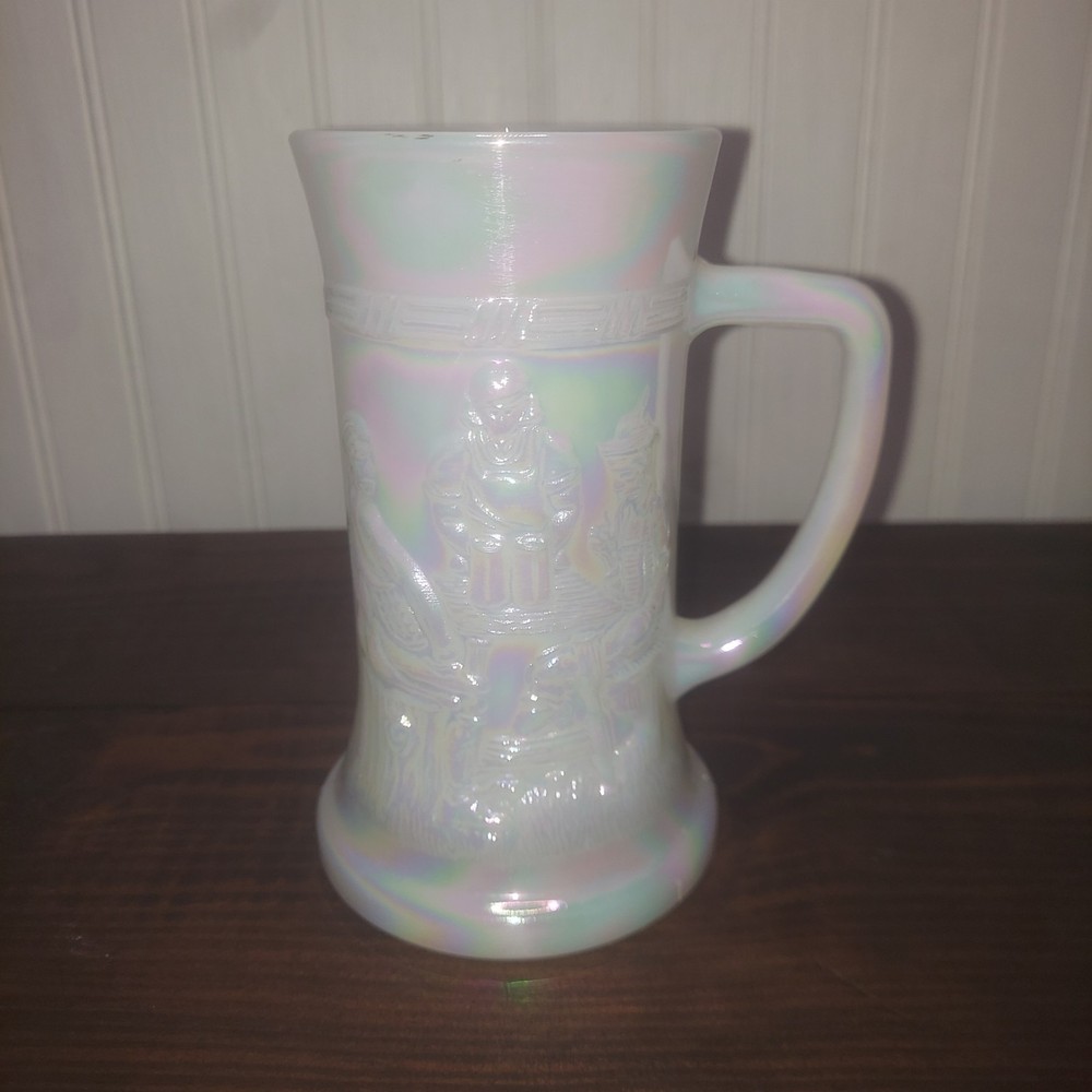 Vintage Federal Milk Glass Iridescent Beer Mug Stein Embossed 6″ Tall