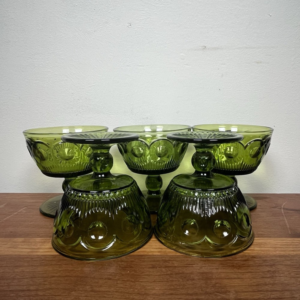 Vintage Bartlett-collins Bullseye Cane Avacado Green Glass Low Sherbet 5 Pc Set