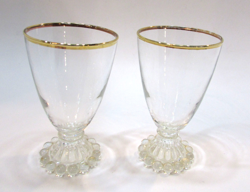 2 Vintage Anchor Hocking Clear Gold Rim 5.5″ Berwick Bubble Foot Pedestal Glass