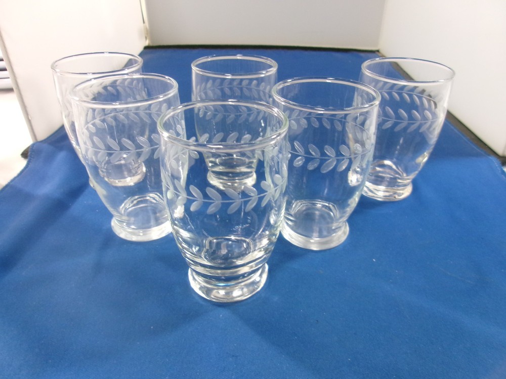 Vintage Anchor Hocking Laurel Leaf Etched Juice Glasses 3 5/8″ Set Of 6