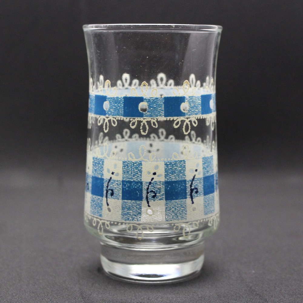 Vintage Blue Gingham Lace Juice Glass Tumbler MCM Shabby Chic Country Kitchen