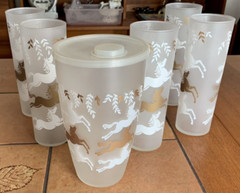 SET VINTAGE LIBBEY COCKTAIL SHAKER W 5 CAVALCADE TALL FROSTED GLASSES HORSES VGC