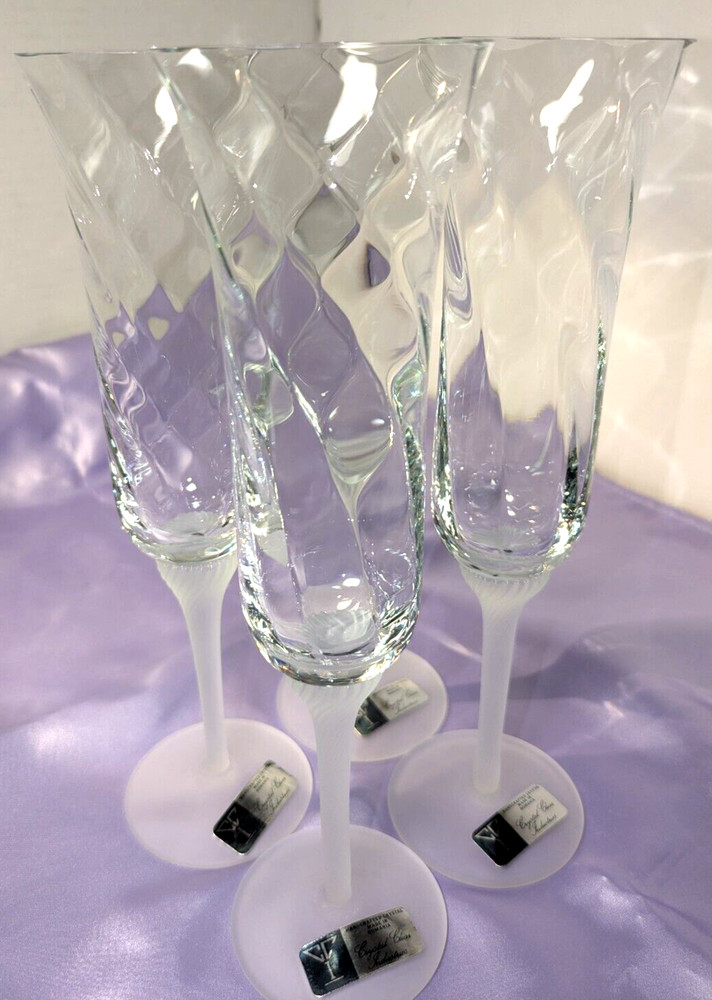 4 «Valerie» Frosted Stem Champagne Flute 9.5″ Crystal Clear 6oz Optic Swirl Bowl
