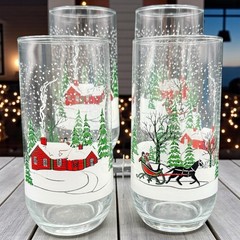 Vintage KIG Christmas Winter Village Cabin Sleigh Bar Tumbler Glasses Set of 4