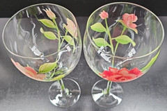 2 Block Vintage Rose Balloon Wine Glasses Mix Set Floral Hand Painted Flower Lot