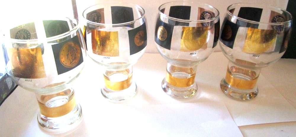 Vintage Federal Glass Cera Beer Goblets Black & Gold Coins Set of 4