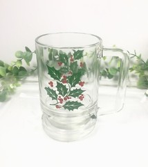 Libbey? Unmarked Heavy Clear Glass Christmas Holly Mug Stein Red Green Excellent