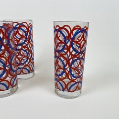 Set of 3 Glass Tumblers Interlocking Red White Blue Circle Pattern Made In Italy