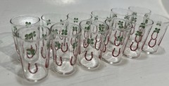 Vintage Lucky Horseshoe Shamrock Glasses Set of 12 Mid Century Barware Irish