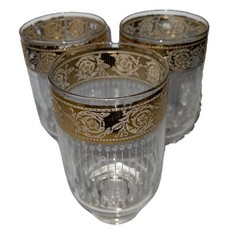 CULVER Starlyte 3 Highball Cocktail Glam Glasses Ornate 22K Gold Bands MCM VTG