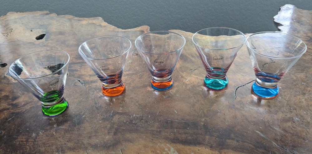 Dansk Spectra Cocktail Glasses Clear Different Color Bases 3.75″ Set Of 5