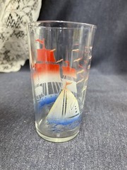Vintage MCM Sailboat Glass Tumbler Nautical Red White Blue Sailing Ship